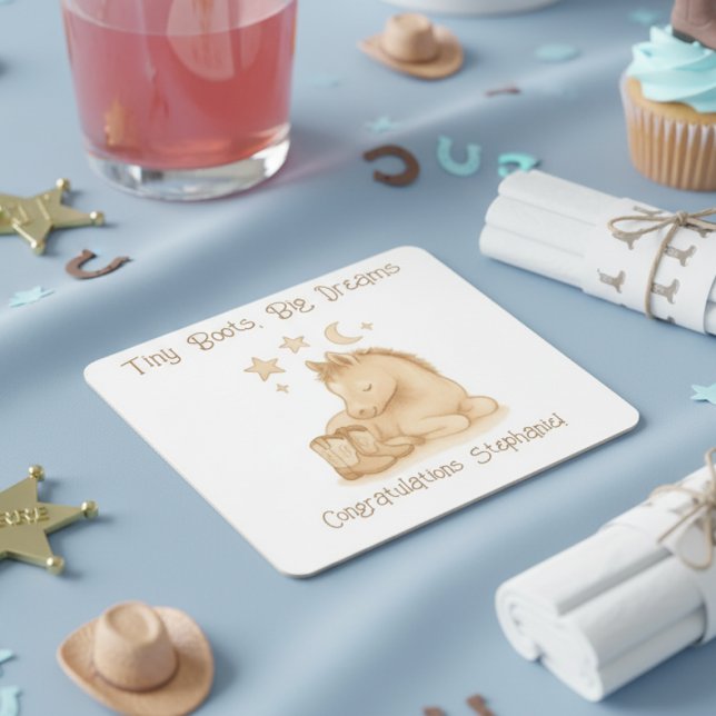 Baby Foal Cowboy Boots Baby Shower Square Paper Coaster (Western baby shower drink coaster)