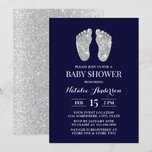 Baby Foot Modern Navy Silver Glitter Baby Shower Invitation