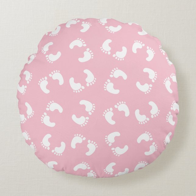 Baby Footprints, Babies Foot, Footsteps, Pink Girl Round Cushion (Front)