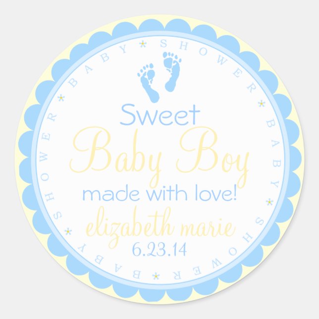 Baby Footprints-Blue and Yellow-Baby Shower Classic Round Sticker (Front)