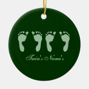 Baby Footprints (Green Twins) (Doorhanger) Ceramic Tree Decoration