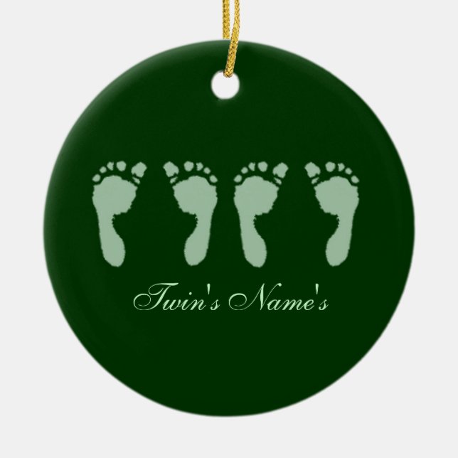 Baby Footprints (Green Twins) (Doorhanger) Ceramic Tree Decoration (Front)