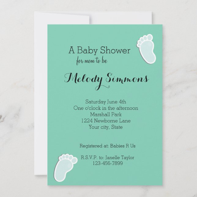 Baby Footprints Mint Baby Shower Invitation (Back)