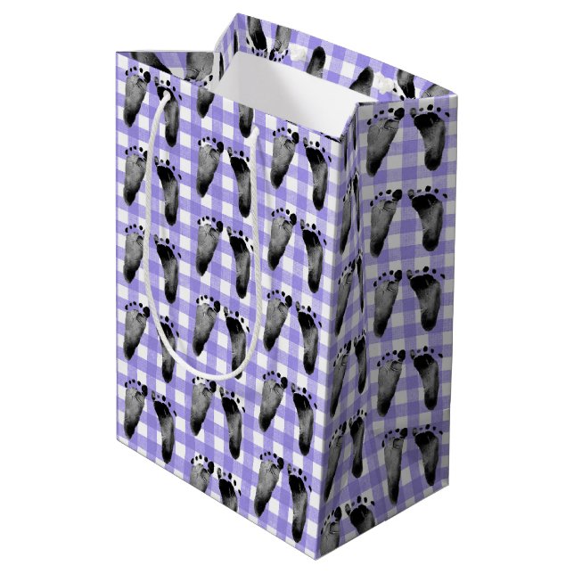 Baby Footprints On Purple Gingham Medium Gift Bag (Back Angled)