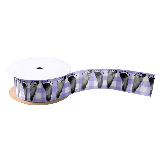 Baby Footprints on Purple Gingham Satin Ribbon (Spool)