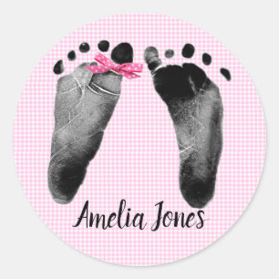 Baby Footprints with Bow On Gingham  Classic Round Sticker