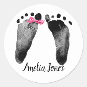 Baby Footprints with Bow On White  Classic Round Sticker