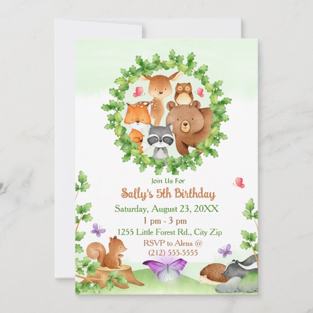 Baby Forest Animals Bear Racoon Squirrel Birthday Invitation (Front)