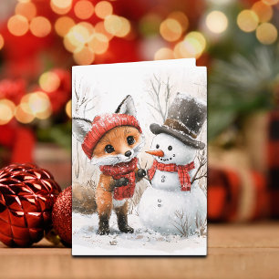 Baby Fox and Snowman Card