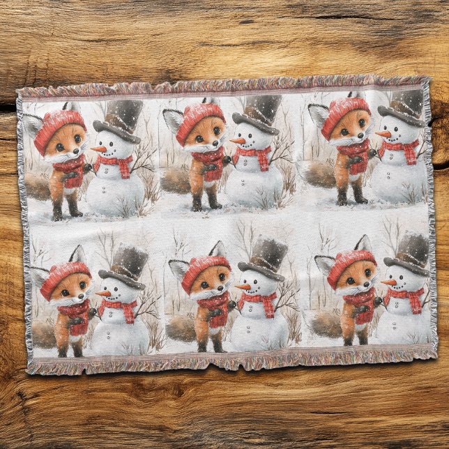 Baby Fox and Snowman Throw Blanket (Creator Uploaded)