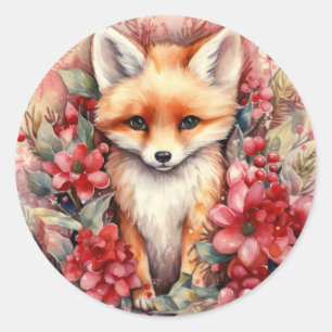 Baby Fox at Christmas Cute  Classic Round Sticker