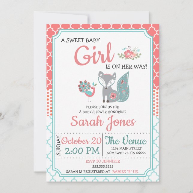 Baby Fox Baby Shower Invitation - Girl (Front)