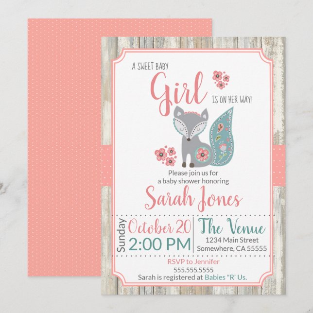 Baby Fox Baby Shower Invitation - Girl (Front/Back)