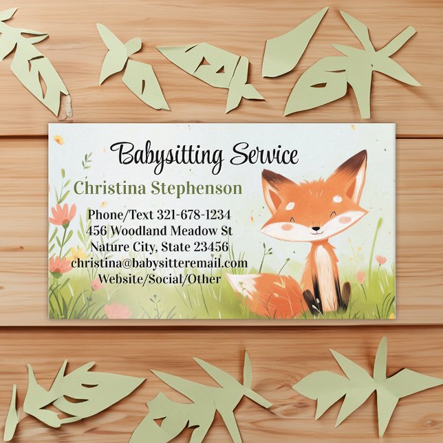 Baby Fox Babysitter Nanny Childcare Watercolor Business Card (baby fox babysitting childcare business card)