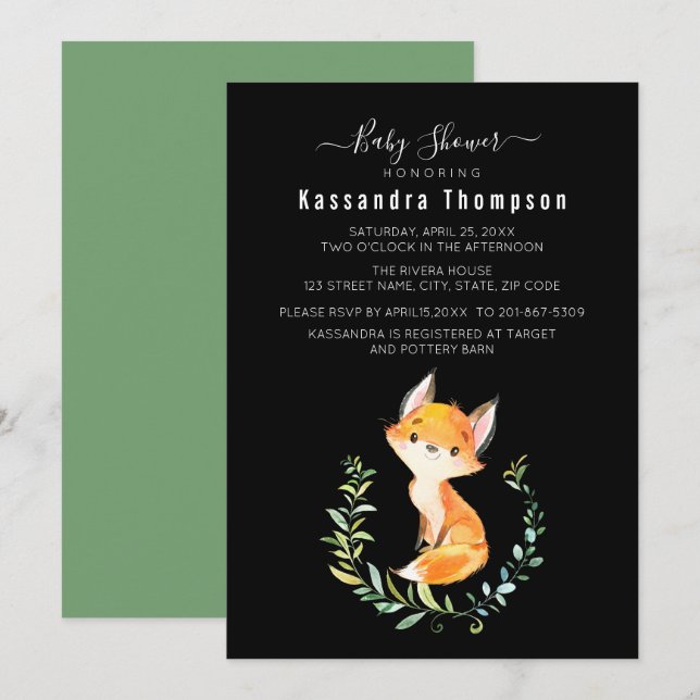 Baby Fox Floral Wreath Baby Shower Invitation (Front/Back)
