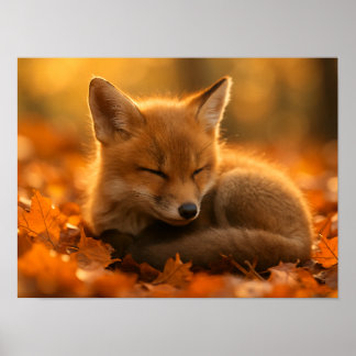 Baby Fox in Autumn Leaves Poster