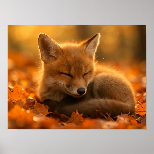 Baby Fox in Autumn Leaves Poster (Front)
