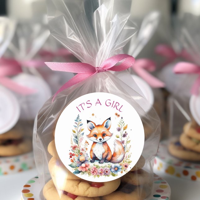 Baby Fox in Flowers | Baby Shower It's a Girl Classic Round Sticker (Creator Uploaded)