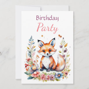 Baby Fox in Flowers Girl's Birthday Party Invitation