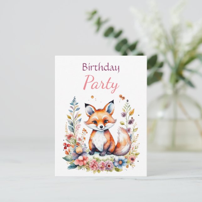 Baby Fox in Flowers Girl's Birthday Party Postcard (Standing Front)