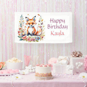 Baby Fox in Flowers Happy Birthday Party Banner