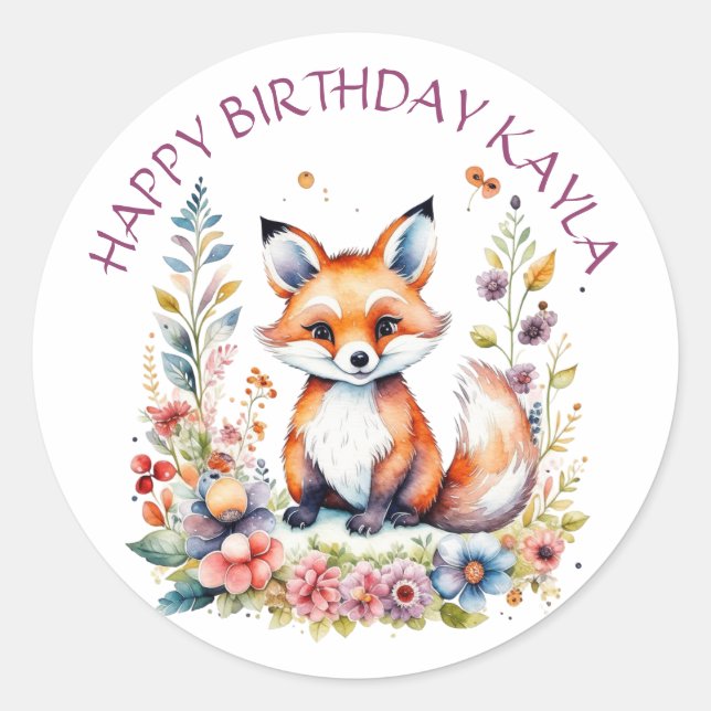 Baby Fox in Flowers Happy Birthday Personalised  Classic Round Sticker (Front)