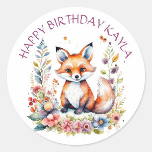 Baby Fox in Flowers Happy Birthday Personalised  Classic Round Sticker