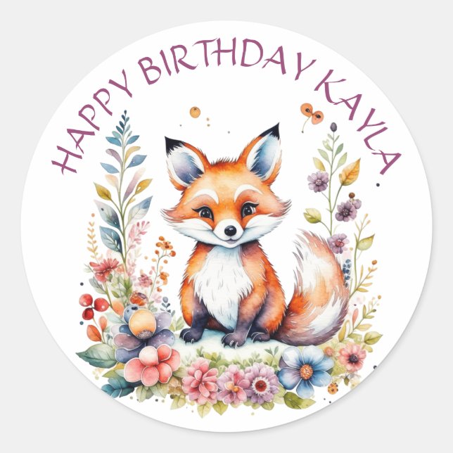 Baby Fox in Flowers Happy Birthday Personalised  Classic Round Sticker (Front)