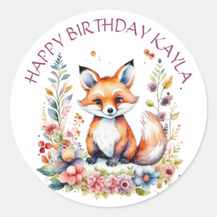 Baby Fox in Flowers Happy Birthday Personalized  Classic Round Sticker
