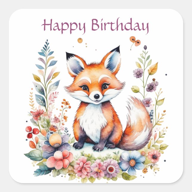Baby Fox in Flowers Happy Birthday Square Sticker (Front)