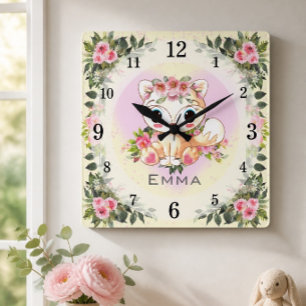 Baby Fox Nursery Décor Yellow Personalised Square Wall Clock