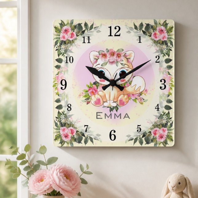 Baby Fox | Nursery Décor | Yellow Personalised Square Wall Clock (Creator Uploaded)