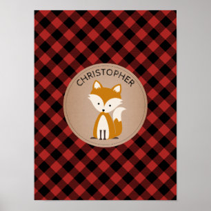 Baby Fox Plaid Personalised Nursery Artwork Poster
