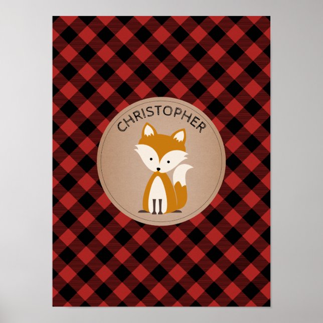 Baby Fox Plaid Personalised Nursery Artwork Poster (Front)