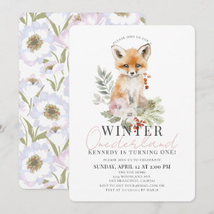 Baby Fox Winter Onederland Girl 1st Birthday Invitation