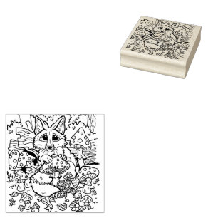 Baby Fox with Mushrooms Rubber Stamp