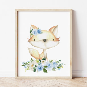 Baby Fox, Woodland Animals, Boho, Blue Flowers Photo Print