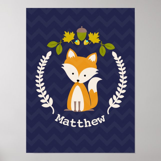 Baby Fox Wreath Personalised Nursery Artwork - Boy Poster (Front)