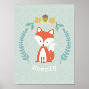 Baby Fox Wreath Personalized Nursery Artwork Poster