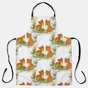 Baby Foxes Holly Bird Christmas Apron
