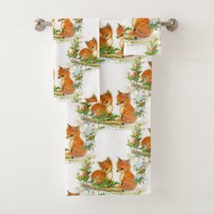 Baby Foxes Holly Bird Christmas Towel Set