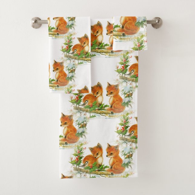 Baby Foxes Holly Bird Christmas Towel Set (Insitu)