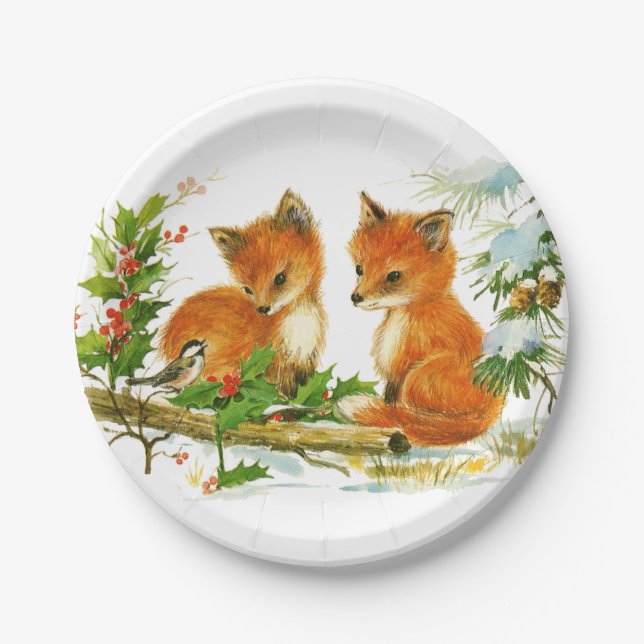Baby Foxes in Snow Christmas Paper Plate (Front)