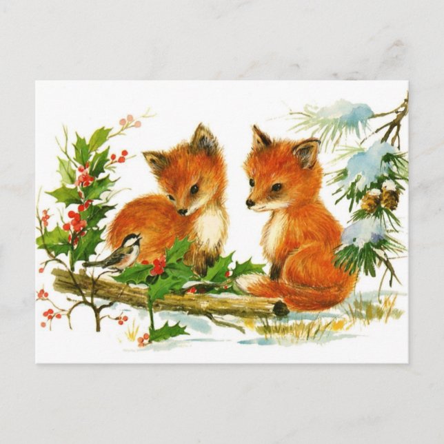 Baby foxes listening to bird postcard (Front)