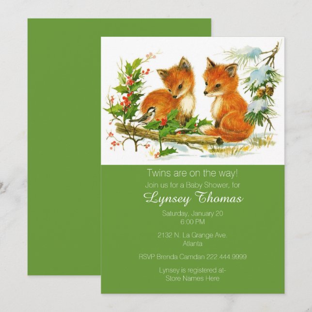 Baby Foxes Twins Baby Shower Invitation (Front/Back)