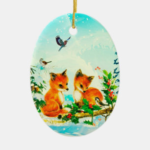 Baby Foxes + Winter Birds - Christmas Ornament