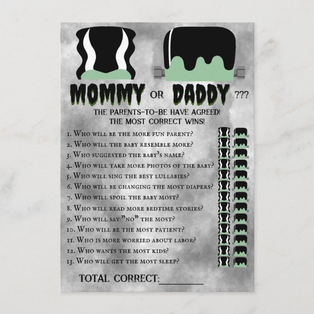 Baby Frankenstein Baby Shower Game Card (Front)