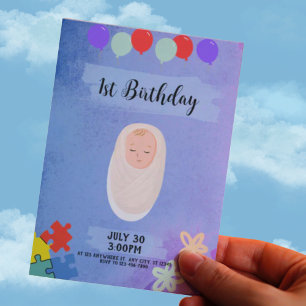 Baby games colourful sky 1st Birthday Invitation