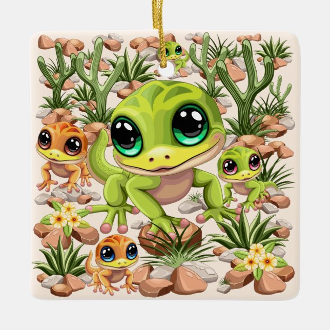Baby Geckos Cute Cartoon Characters Ceramic Ornament (Front)