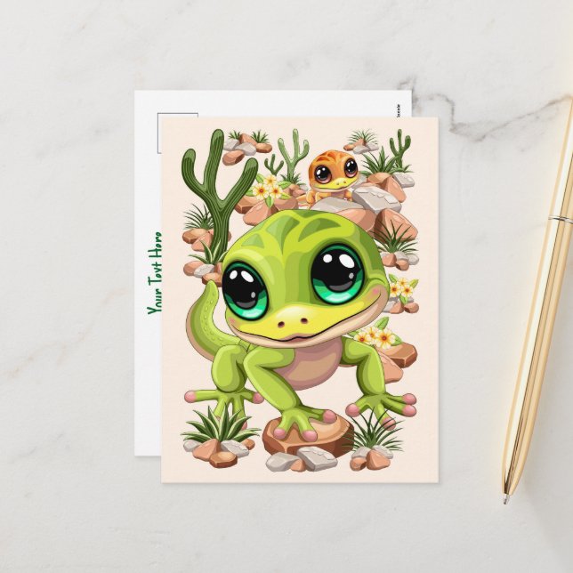 Baby Geckos Cute Cartoon Characters Holiday Postcard (Front/Back In Situ)